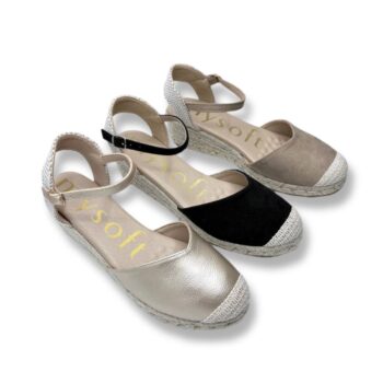 Zapato mujer Mysoft 25M102 - alpargatas con cuña de yute para mujer en color negro, diseño clásico con cierre de hebilla y suela antideslizante.