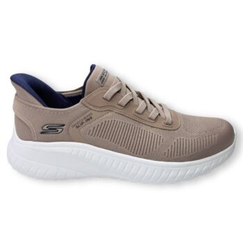SKECHERS BOBS SQUAD CHAOS 118312 en color taupe, con suela ergonómica, plantilla Memory Foam y tejido transpirable.